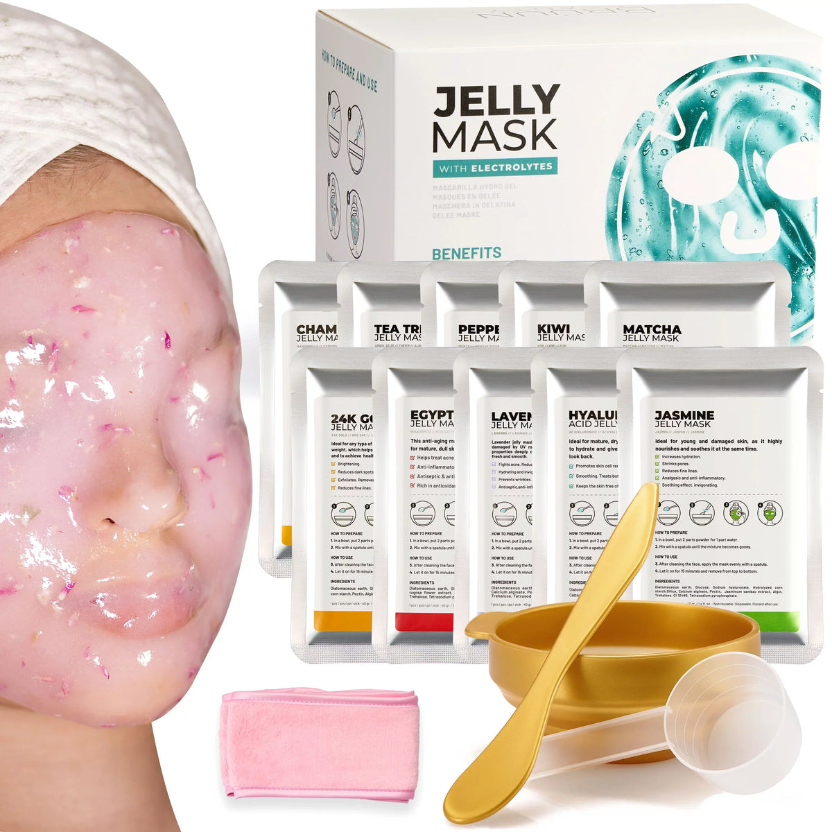 BRÜUN Peel-Off Jelly Mask Premium Modeling "Rubber Mask" Spa Set - 10 Treatments (24k Gold, Lavender, Kiwi, Peppermint, Egyptian Rose, Matcha, Chamomile, Tea tree, Jazmine)