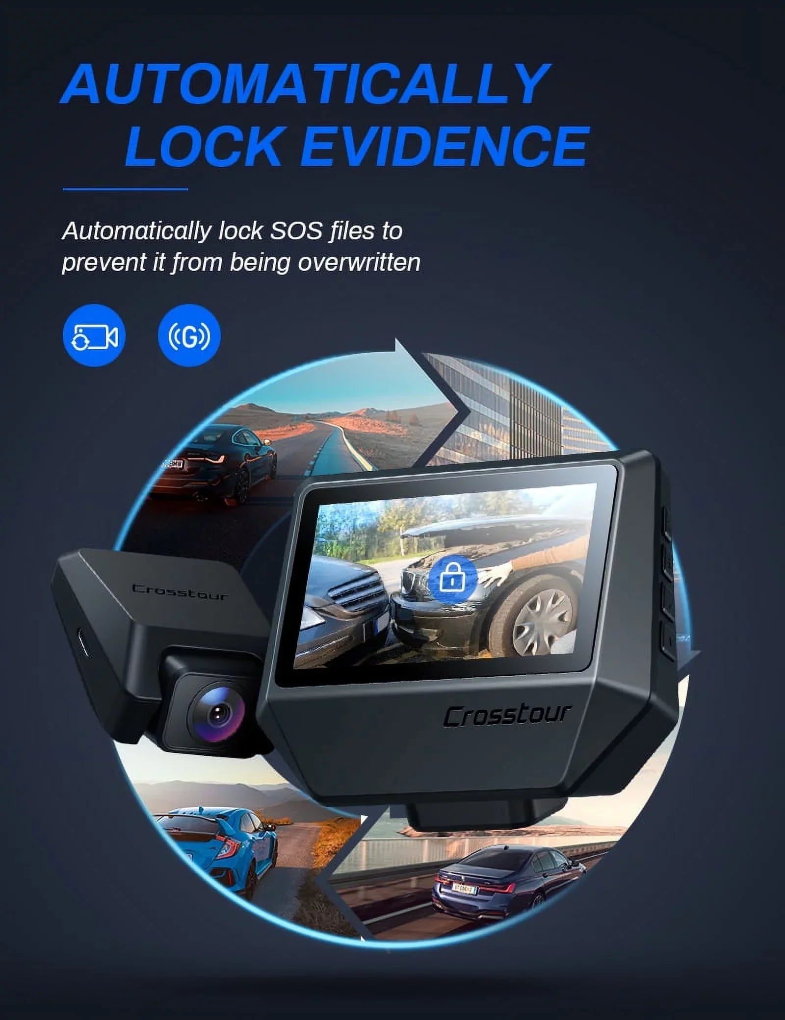 Crosstour Dash Cam, Front and Rear Crosstour 2.5K Dual Car Cam GPS Dash Camera for Cars 3 inch IPS Screen Magnetic Dashboard Recorder 170° Backup Camera