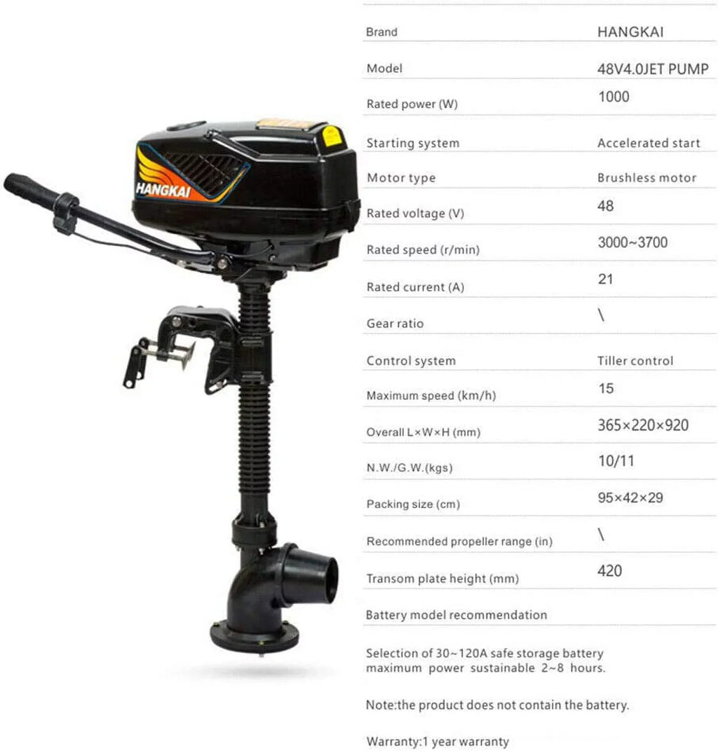 MONIPA 4HP 48V 1000W Electric Outboard Motor Inflatable Fishing Boat Engine Jet Pump Outboard Motor Rubber Tiller Control Brushless Outboard Motor