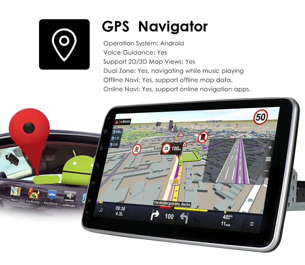 Hizpo Single 1 DIN Rotatable 10.1'' Android 10 Touch Screen With Apple Carplay& Android Auto Car Stereo Radio GPS Navigation Wifi Bluetooth