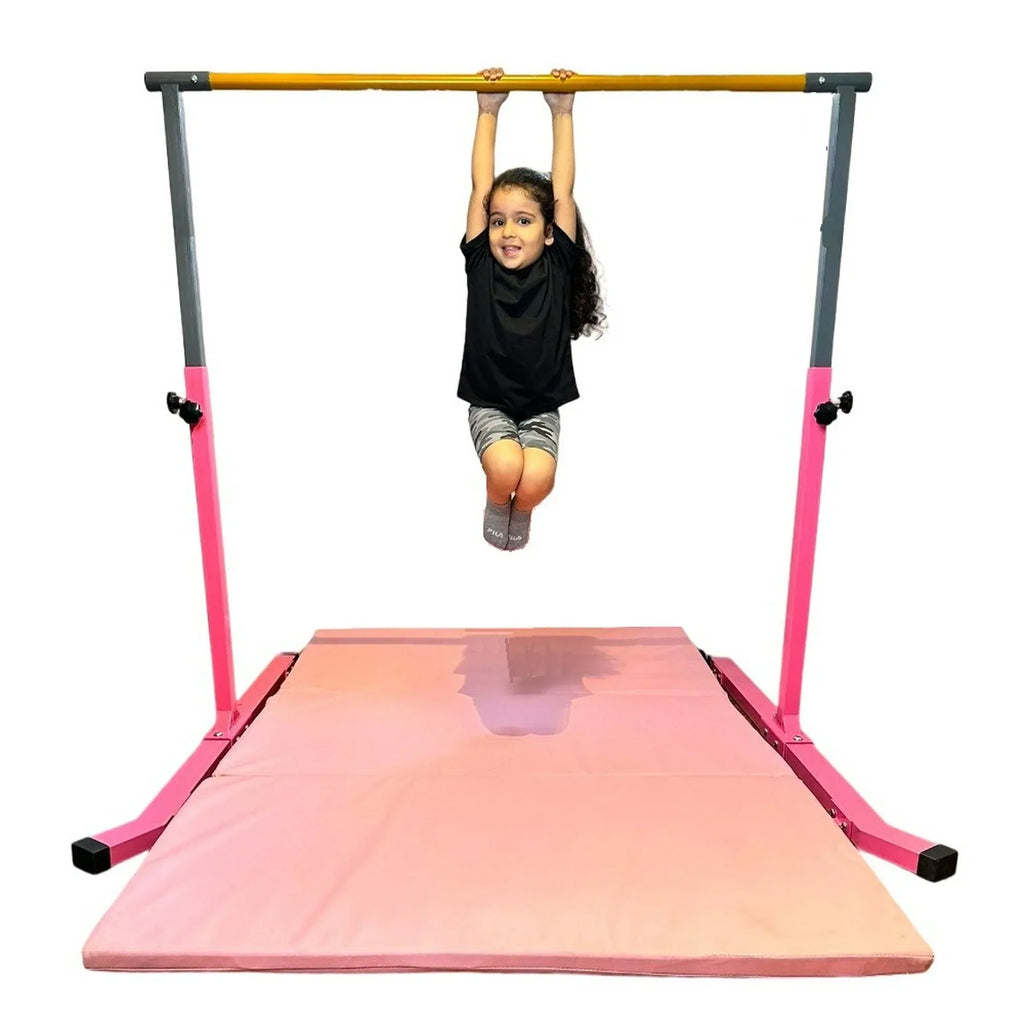 5 Star-TD Pink Gymnastic Kip Bar for Kids, Expandable 3-5 FT, Adjustable Height Horizontal Bar, Heavy Duty Curved Legs, Junior Training Equipment, Home Gymnastics, Strong and Durable