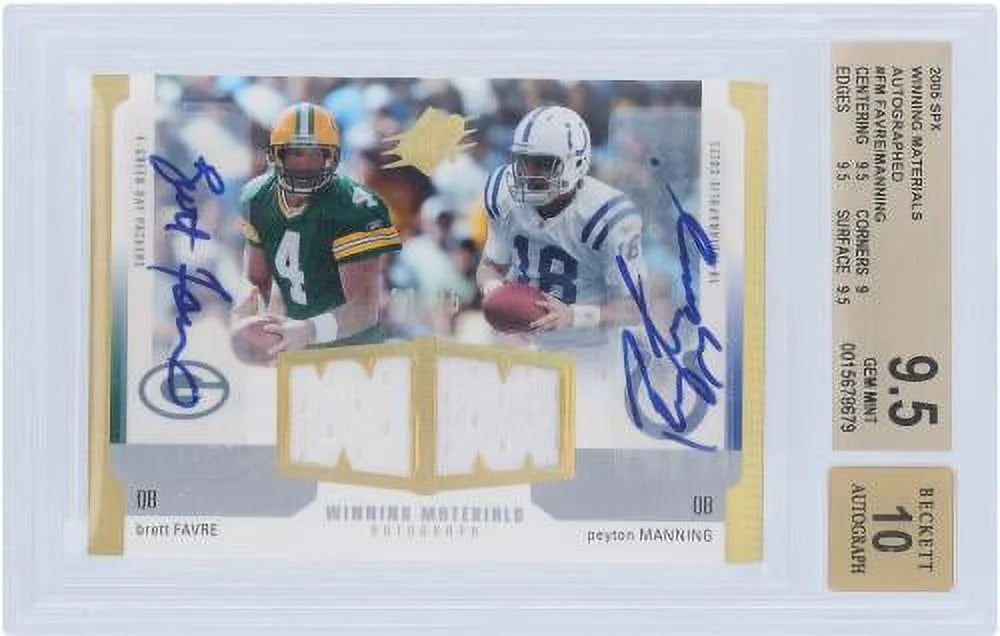 Brett Favre and Peyton Manning Autographed 2005 Upper Deck SPX Dual Relic #WMR-FM #13/25 BGS Authenticated 9.5/10 Card - 9.5,9,9.5,9.5 Subgrades - Fanatics Authentic Certified