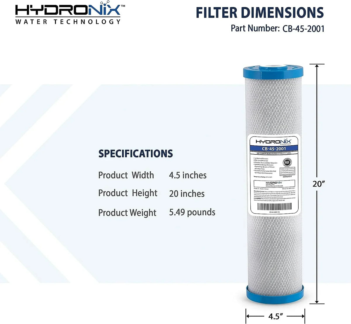 Hydronix CB-45-2001 Replacement Carbon Water Filter  20-inch x 4.5-inch 1 Micron