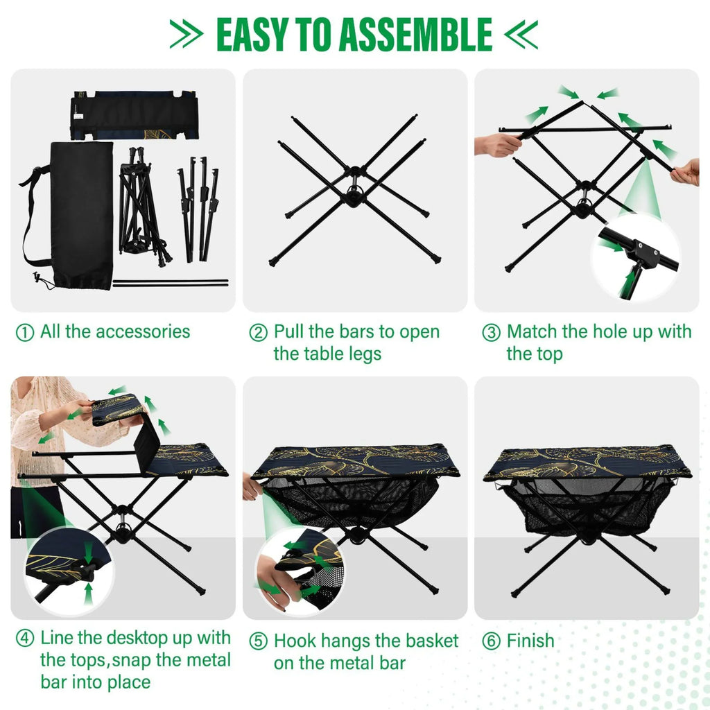 Luxury Golden Rose Flower Camping Folding Table Portable Beach Table with Storage Bag Compact Picnic Table for Outdoor Travel Fishing BBQ