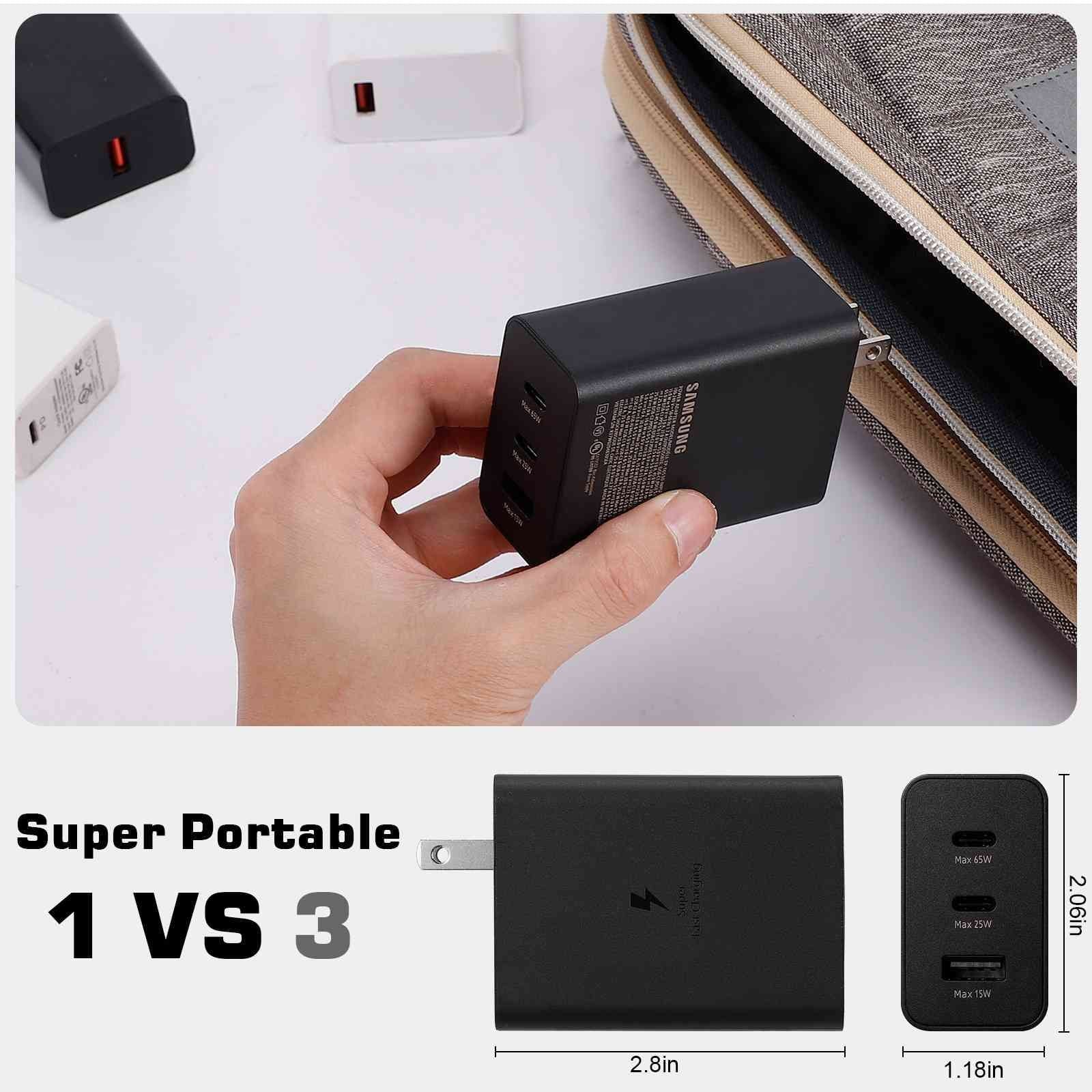 65W Fast Travel Charger with 3 Ports - USB & Dual USB-C - High-Speed Charging for Laptops, Phones vivo Y17/X27 Pro/S1 (China)/X27/iQOO iPhone, Samsung Galaxy, Google Pixel, MacBook, Steam Deck
