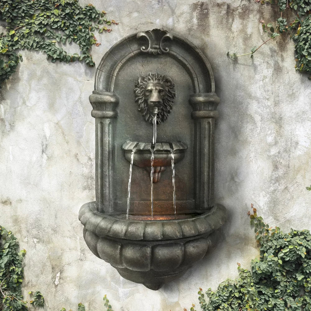 Home Outdoor Tiered Lion Head Stone Wall Fountain with LED Light, Antique Bronze Garden Decoration Outdoor USA