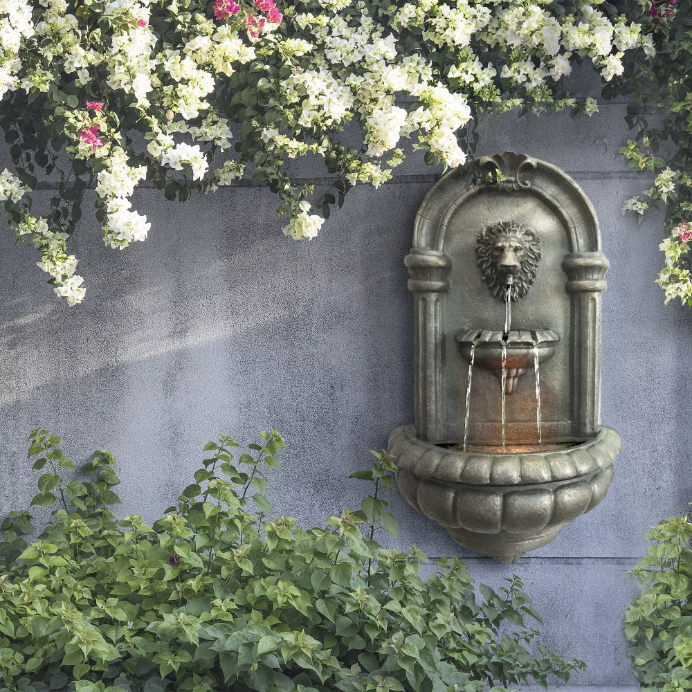 Home Outdoor Tiered Lion Head Stone Wall Fountain with LED Light, Antique Bronze Garden Decoration Outdoor USA