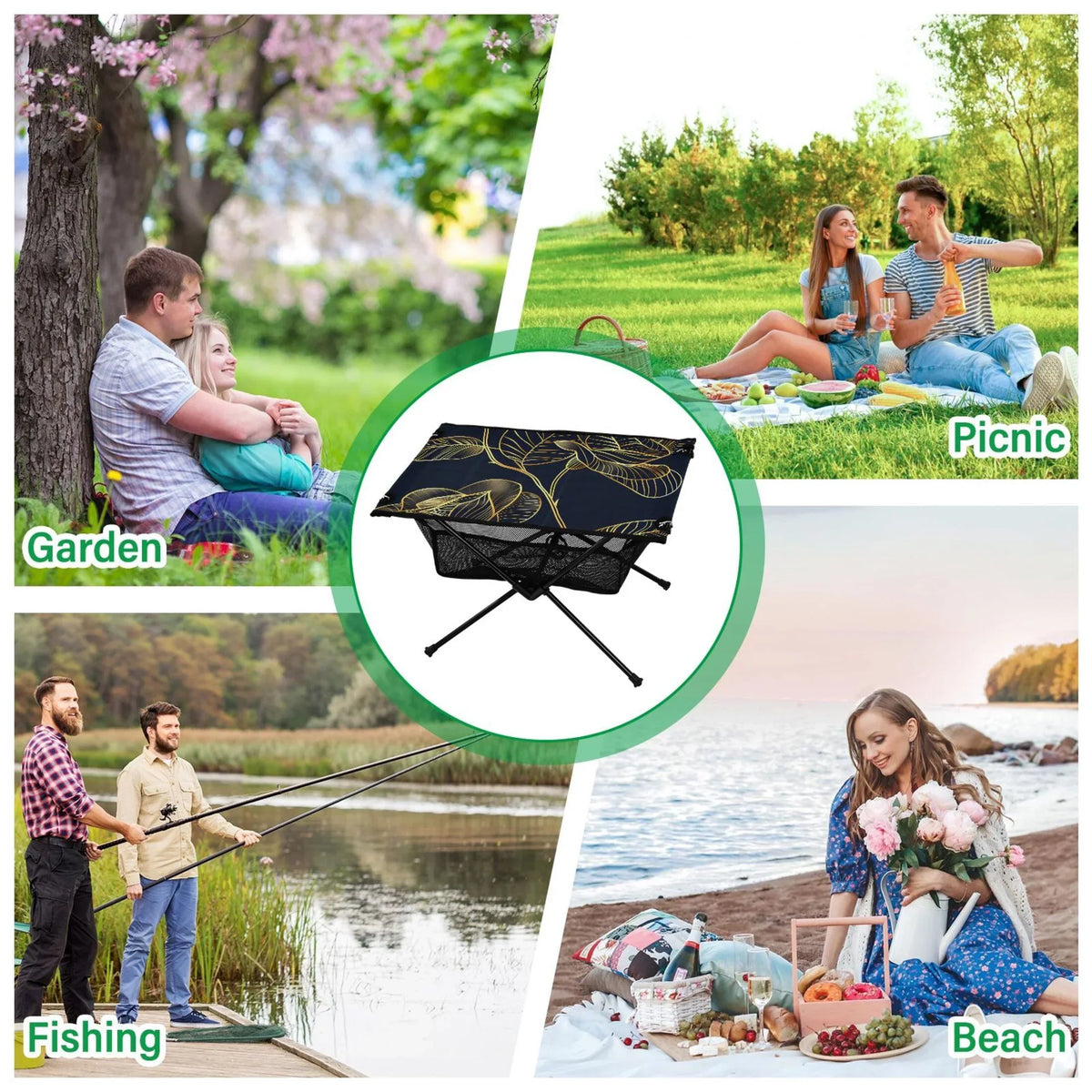 Luxury Golden Rose Flower Camping Folding Table Portable Beach Table with Storage Bag Compact Picnic Table for Outdoor Travel Fishing BBQ