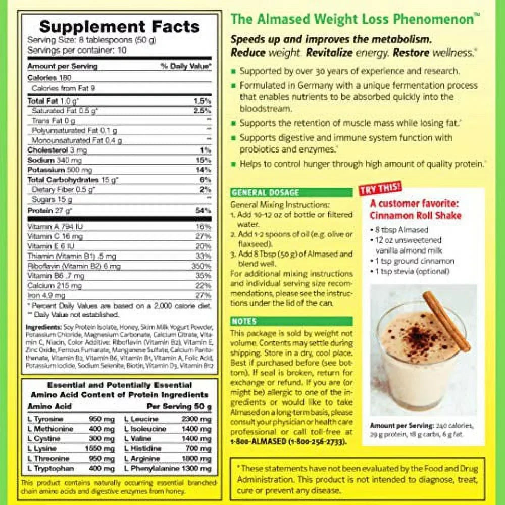 Almased Meal Replacement shakes – Gluten-Free, non-GMO Weight Loss Powder – Vanilla Flavor, 17.6 oz
