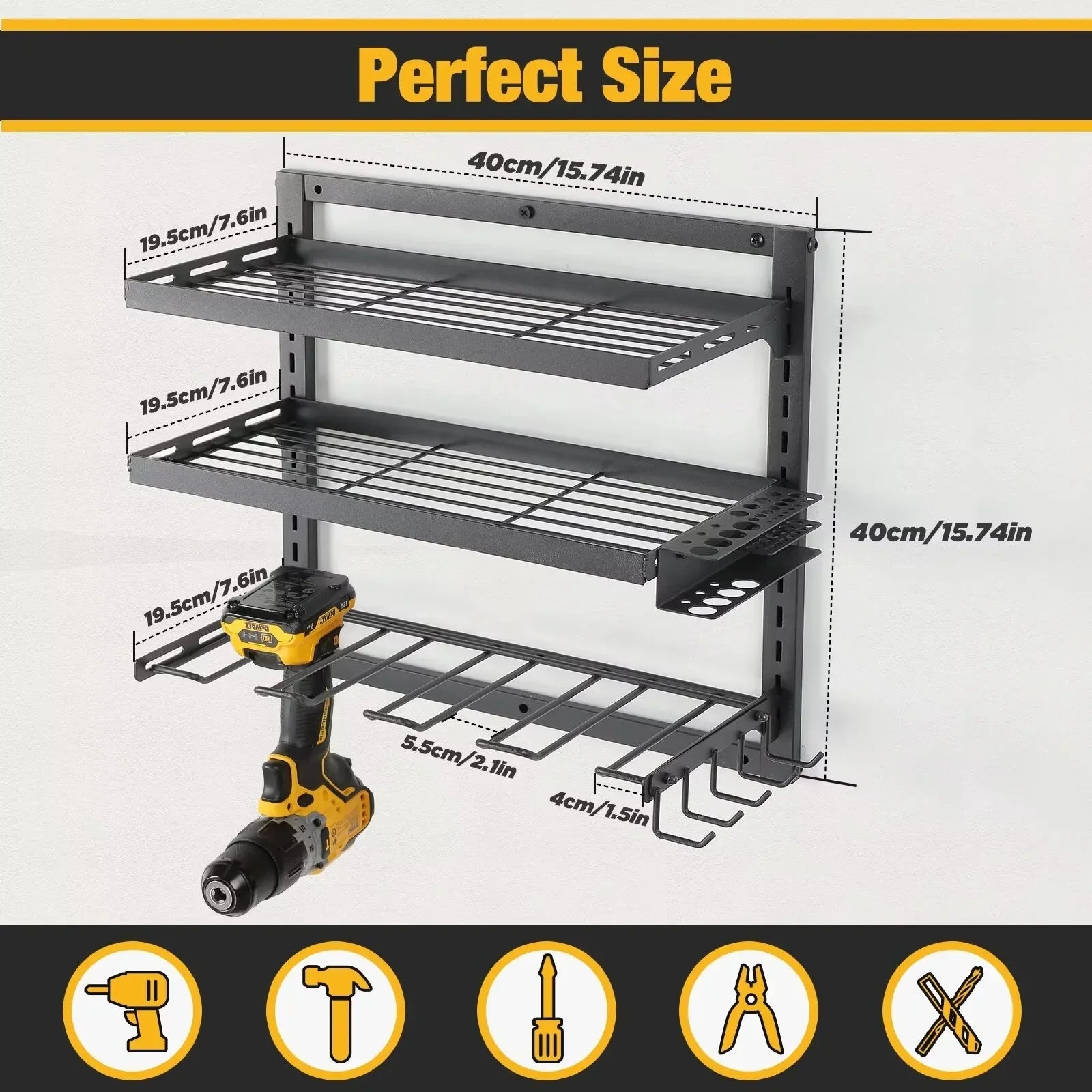COFIT Power Tool Organizer, Power Drill Tool Holder with Charging Station, Wall Mount Tool Storage Organizer, 3 Layers Adjustable Height Iron Tool Rack for Garage Organization and Workshop