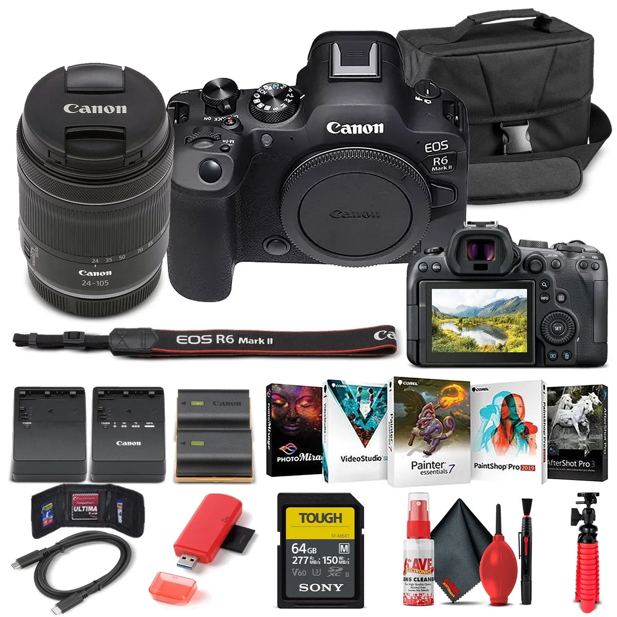 Canon EOS R6 Mark II Mirrorless Camera with 24-105mm f/4-7.1 Lens (5666C018) + 64GB Memory Card + Case + Corel Photo Software + LPE6 Battery + External Charger + Card Reader + More