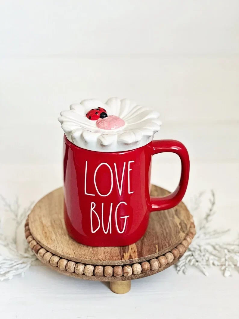 Rae Dunn by Magenta Love Bug Red Ceramic Mug with White Top and Red Ladybug Black LL Letters Valentine's Day