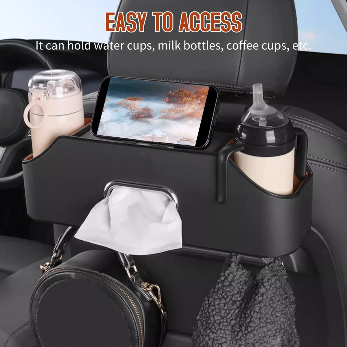 Car Backseat Organizer, Car Headrest Backseat Organizer with Cup Holder, Tissue Box, Headrest Hook, Phone Holder, Multifunctional Storage Box to Organize Toys Phones Bottles Snacks Books