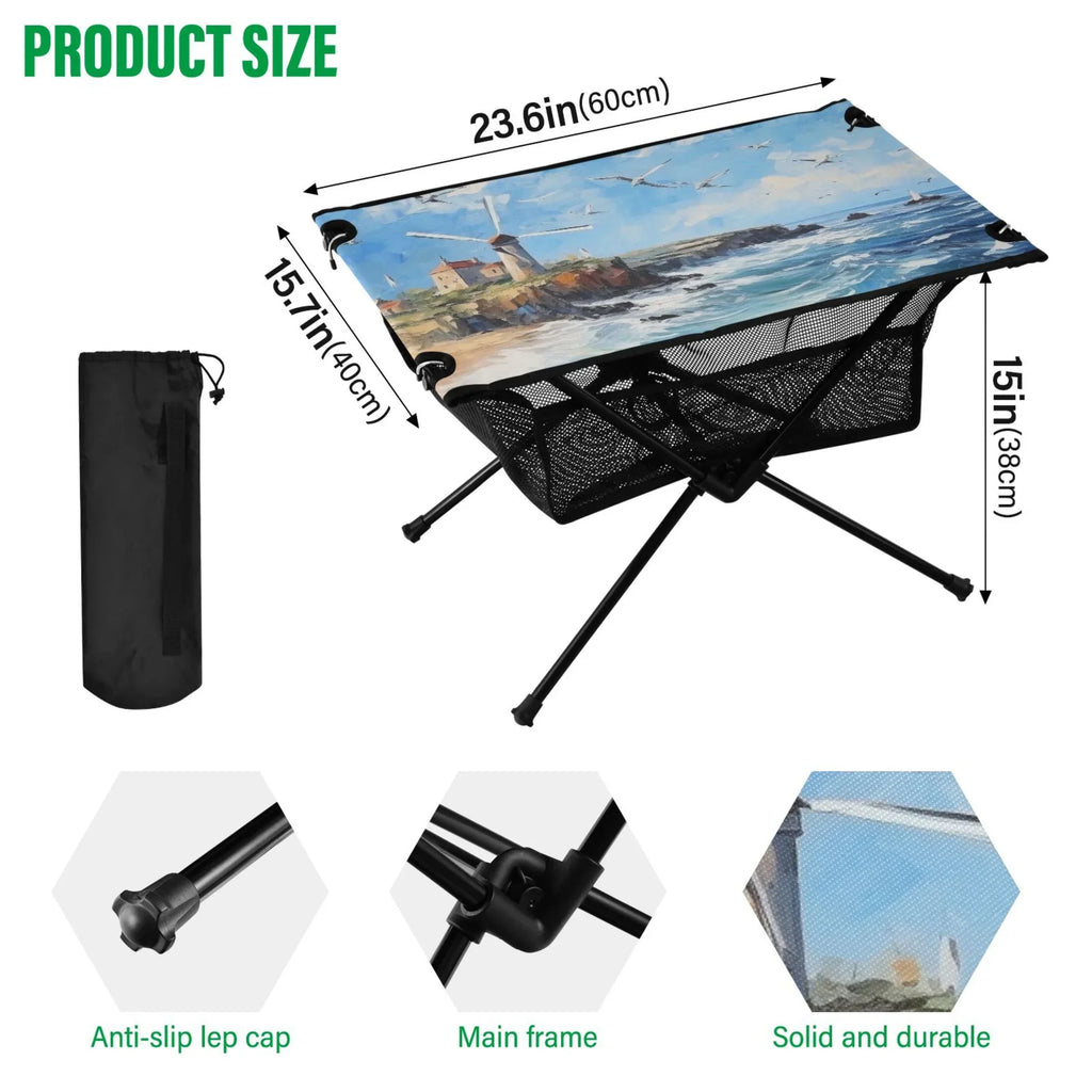 Landscape Paint Camping Foldable Portable Table Beach Table with Storage Bag Compact Picnic Table for Outdoor Hiking Fishing BBQ