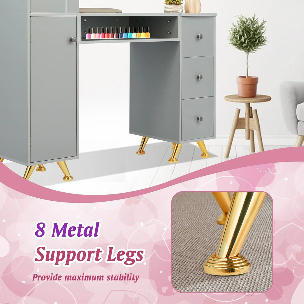 LUXMARS Manicure Table Nail Desk for Technician w/Wrist Rest & Plastic Table Mat, Acetone Resistant Nail Table Station w/Large Capacity Storage Space, for Home Spa Beauty Salon - Grey