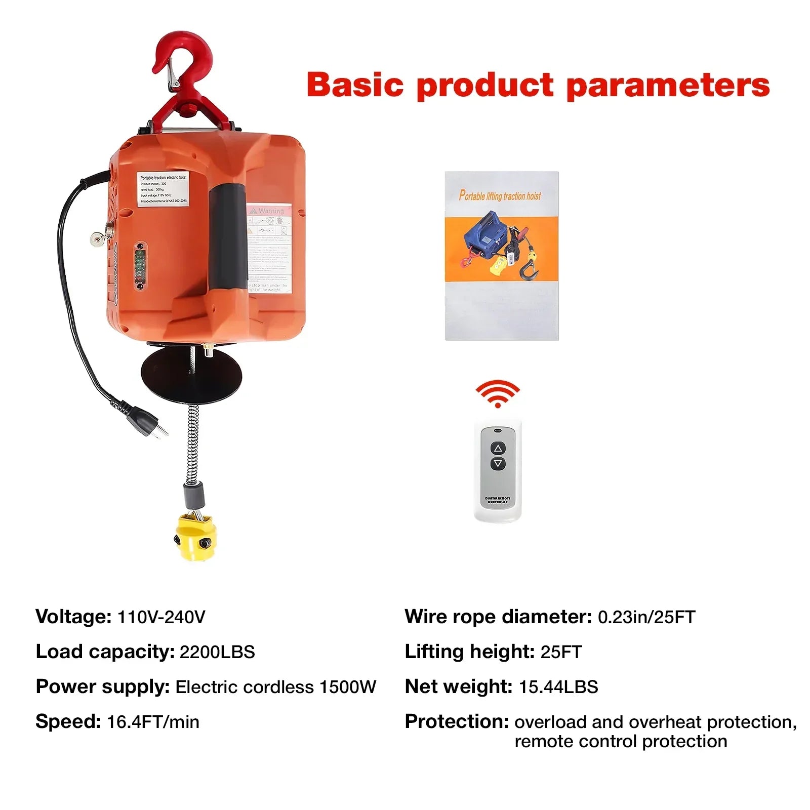 Electric Hoist Winch, 2 in 1 2200lbs Portable Electric Winch, 110V Power Winch Crane, 25ft Lifting Height, w/Wire and Wireless Remote Control, Overload Protection for Lifting Towing