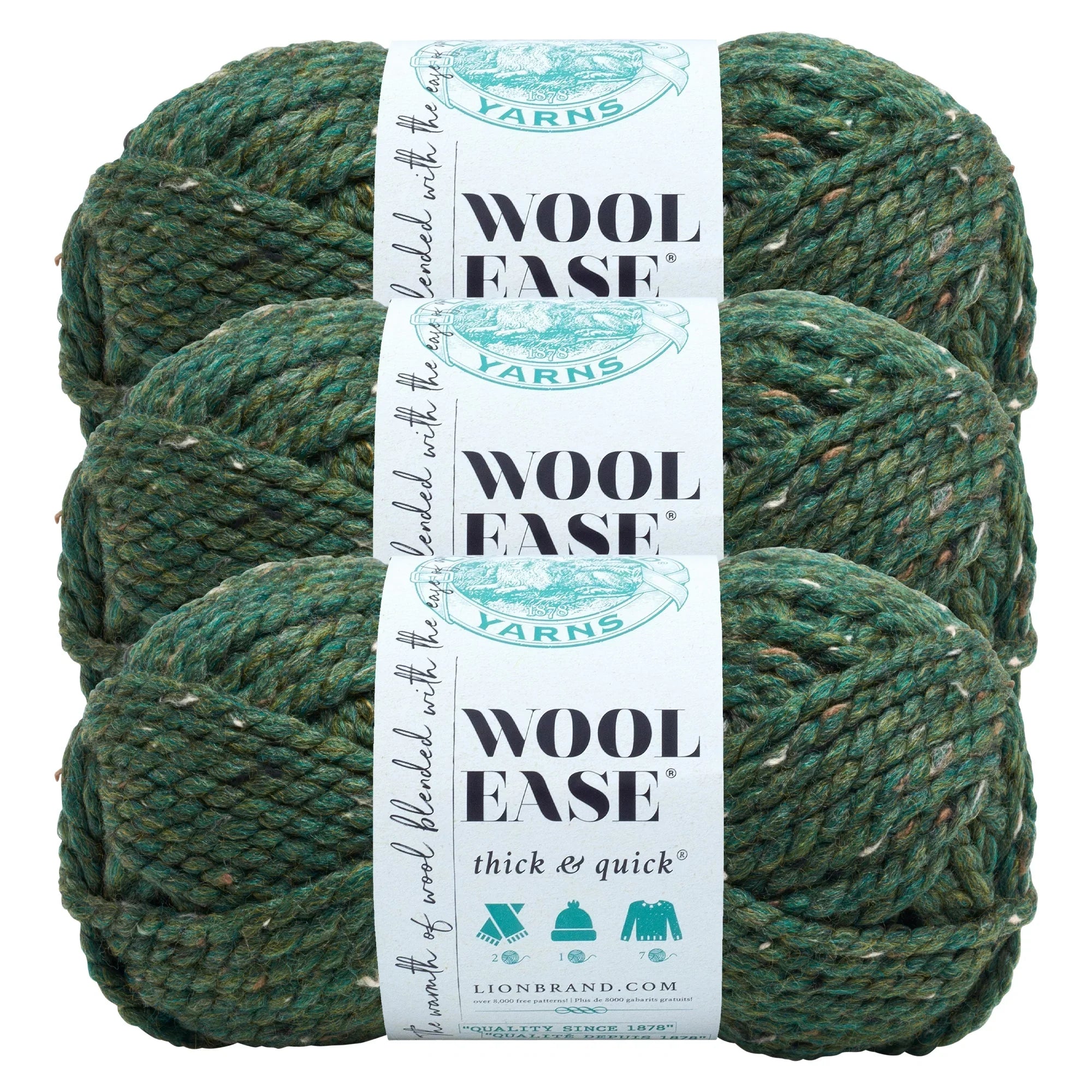 Lion Brand Yarn Wool-Ease Thick & Quick Super Kale Bulky Acrylic, Wool Green Yarn 3 Pack