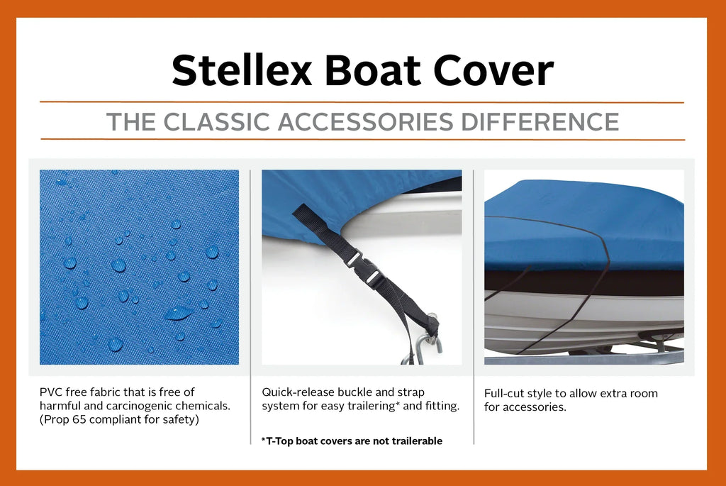 Classic Accessories Stellex™ All Seasons Boat Cover, Fits Boats 14' - 16' L x 90" W, Trailerable Boat Cover with Polyester Fade-Resistant Fabric, Model B