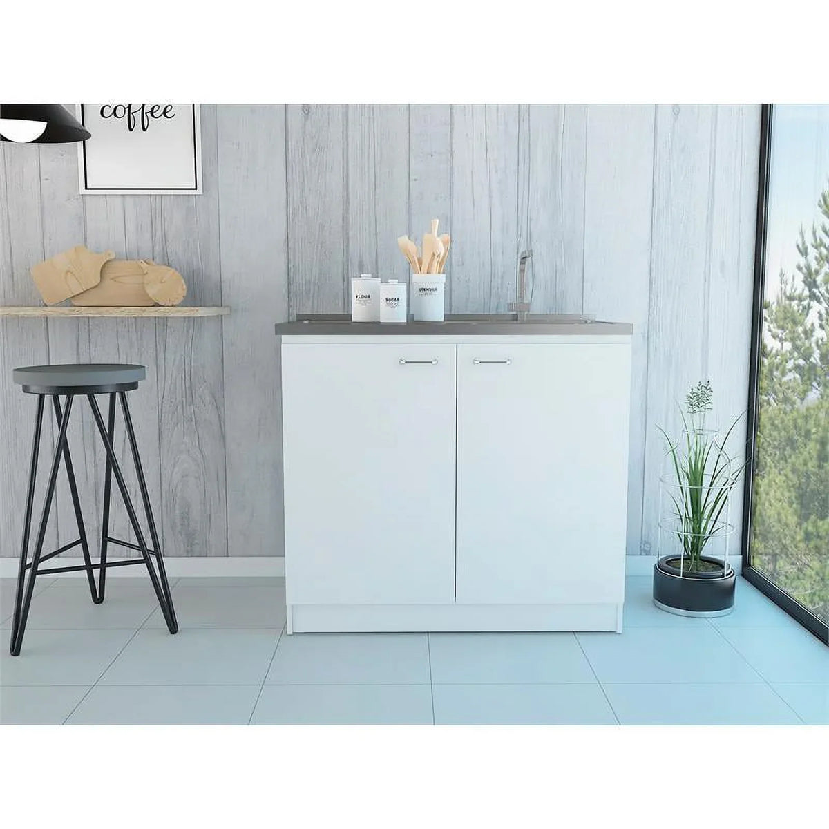 Home Square 2-Piece Set with Utility Sink with Cabinet and Kitchen Service Cart