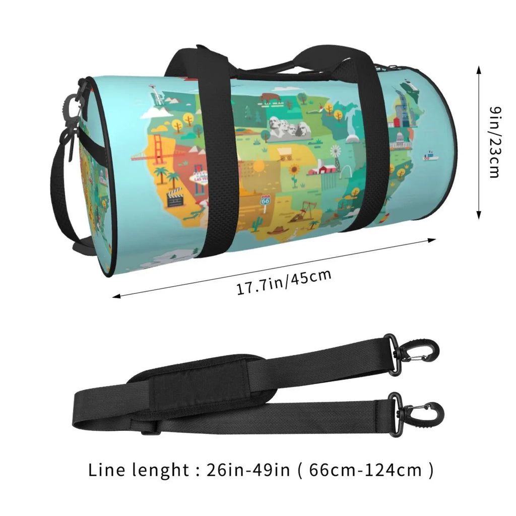 Coaee USA Tourist Map Large Capacity Travel Luggage Bag Cylinder Gym Bag Waterproof Sports Bag with Pocket and Compartment
