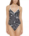 DKNY BLACK WHITE Graphic T-Back One-Piece Swimsuit, US Small