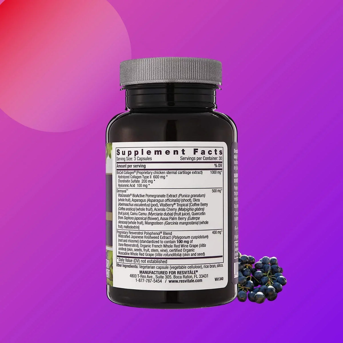 ResVitale Ultra Collagen Enhance - Anti Aging Skin Care and Joint Supplement with Hydrolyzed Collagen Peptides, Hyaluronic Acid, Resveratrol, Grape Seed Extract and Dermaval Bioactive Blend, 90 Caps
