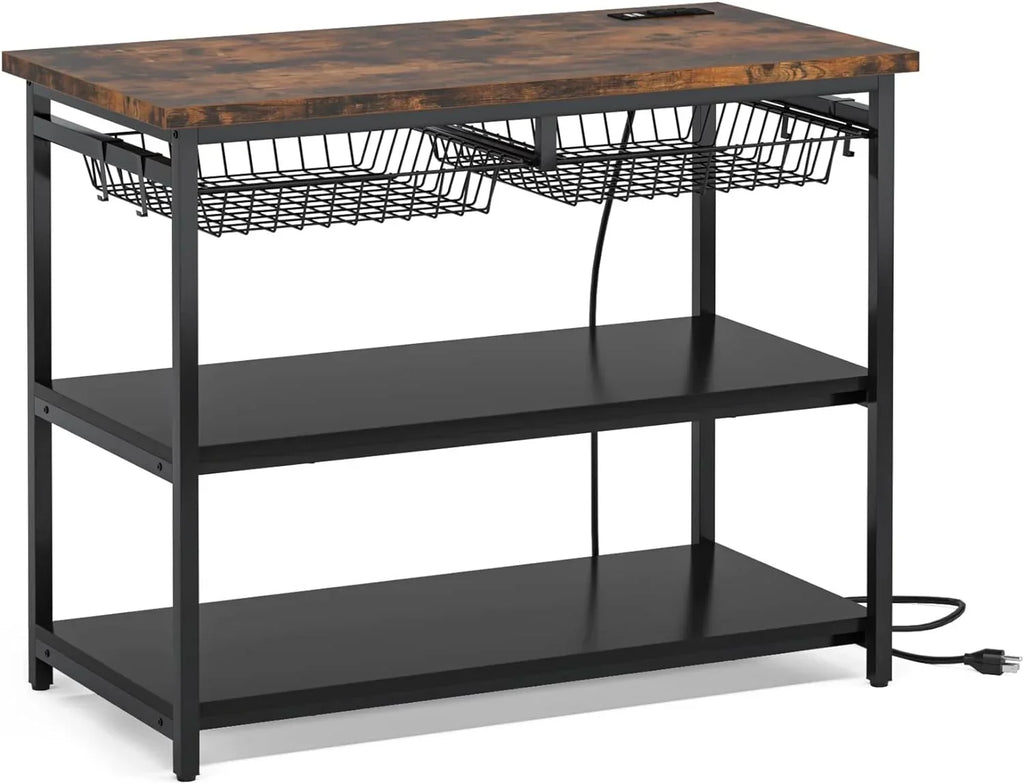 TJUNBOLIFE Kitchen Island with   Industrial Island Table with Power Outlets and Wire Baskets  3 Tier Microwave Oven Stand Butcher Block Island with Large Worktop  4 Hooks  Rustic Brown
