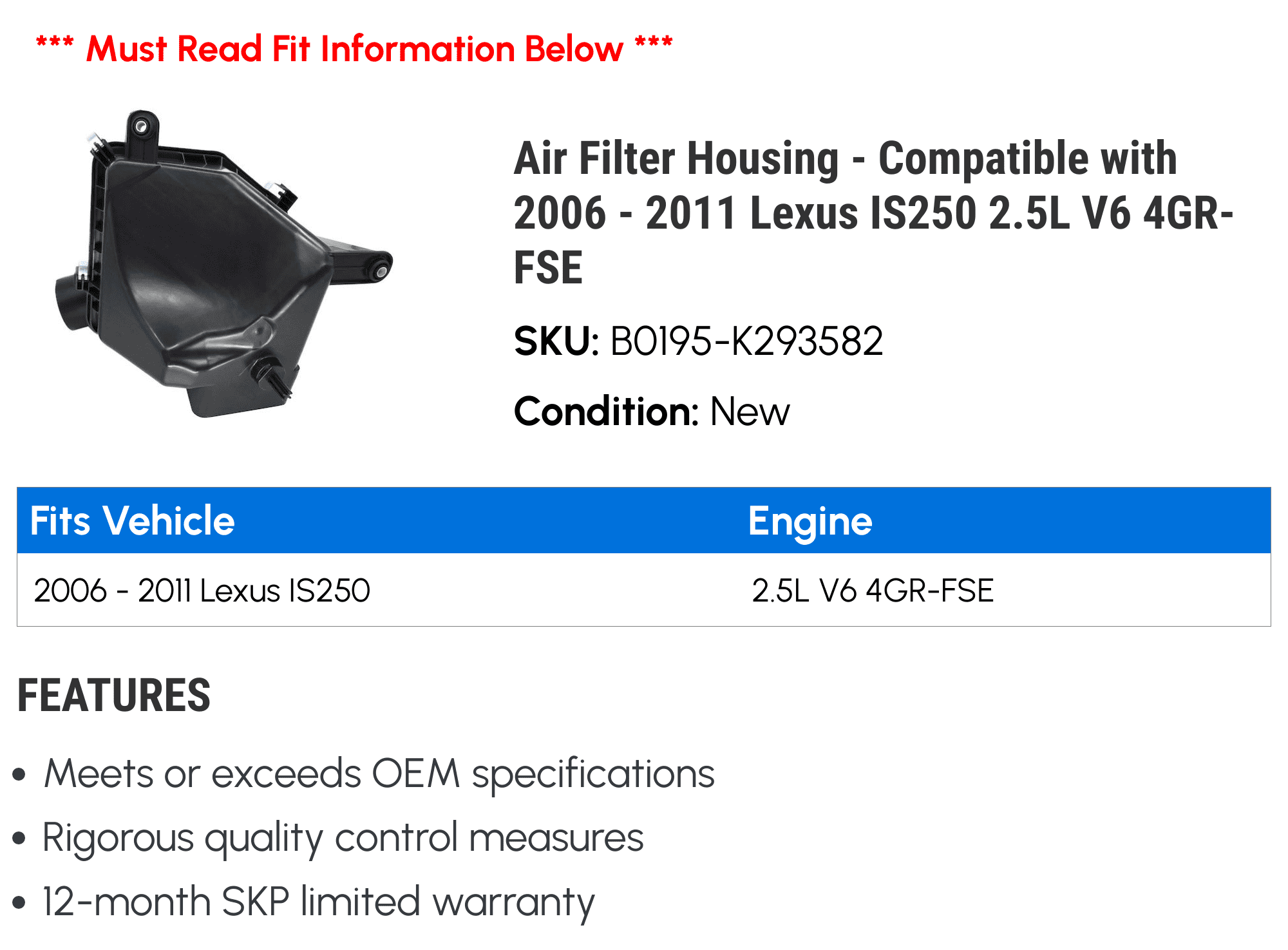 Air Filter Housing - Compatible with 2006 - 2011 IS250 2.5L V6 4GR-FSE 2007 2008 2009 2010