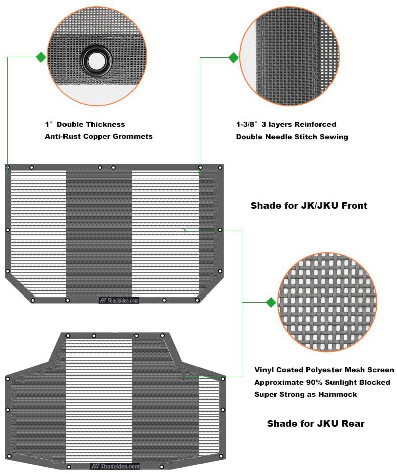 Shadeidea Jeep Wrangler Sunshade JKU Top Sun Shade JK Unlimited (2007-2018) 4-Door Front & Rear-Gray Mesh Screen Cover UV Blocker with Grab Bag-10 Years Warranty