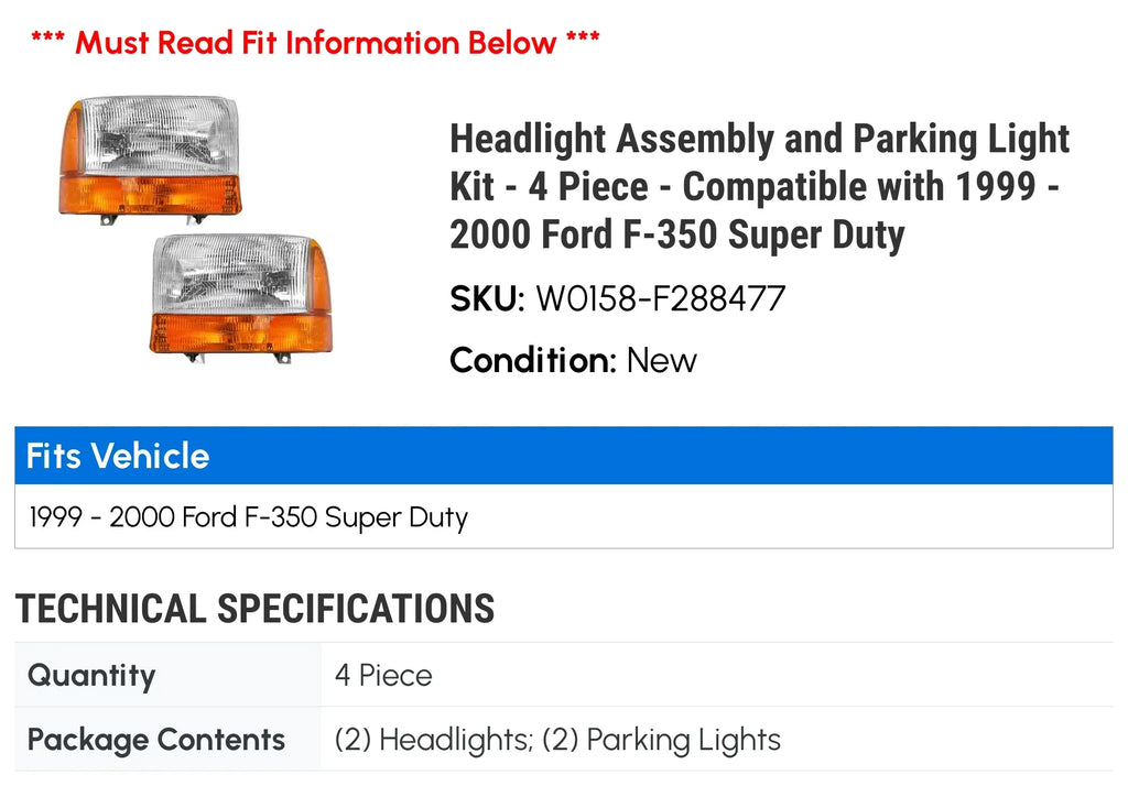 Headlight and Cornering Parking Light Kit - 4 Piece - Compatible with 1999 - 2000 Ford F-350 Super Duty