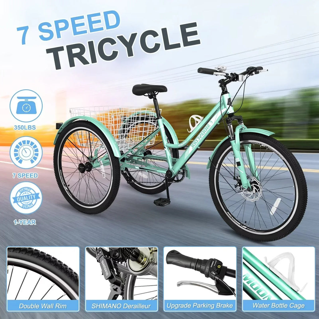 MOPHOTO Adults Mountain Tricycles, 24"/26"/27.5" 7-Speed Heavy Duty Trikes w/Spacious Basket 3-Wheeled Bike for Adventurous Rides, Shopping, Exercise, and Recreation