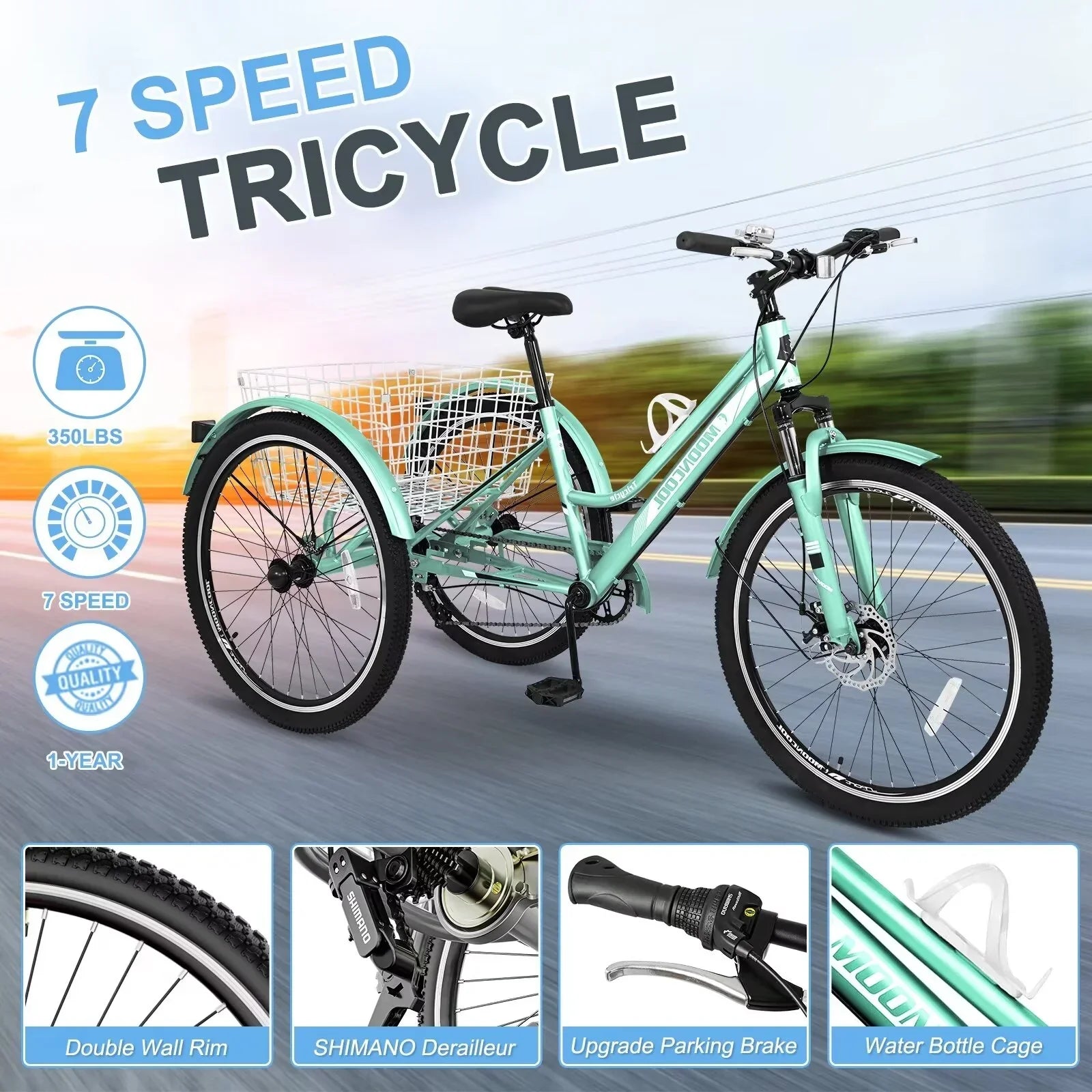 MOPHOTO Adults Mountain Tricycles, 24"/26"/27.5" 7-Speed Heavy Duty Trikes w/Spacious Basket 3-Wheeled Bike for Adventurous Rides, Shopping, Exercise, and Recreation