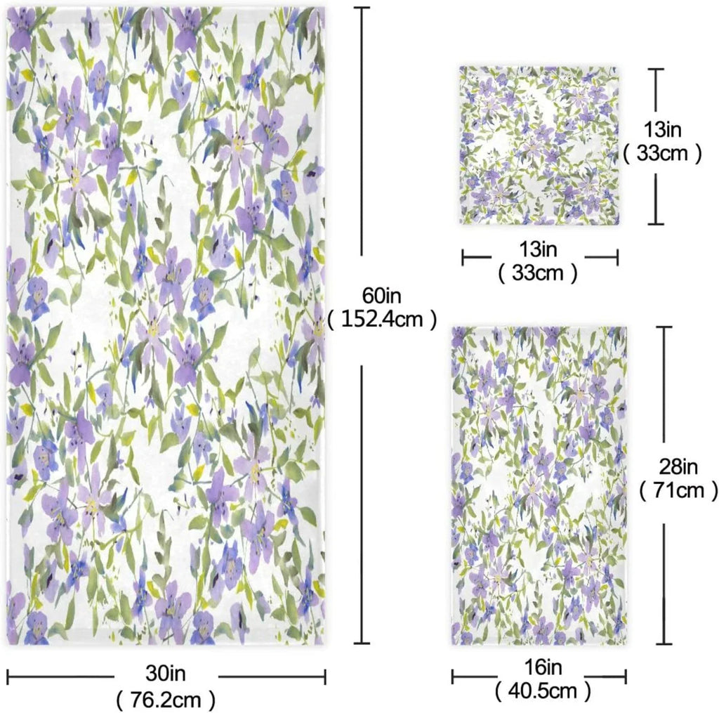 Wellsay Purple Flowers Bath Towel Set of 3, Highly Absorbent & Soft Bathroom Towels Set Quick Dry Towels Set for Bathroom Spa Beach (1 Bath Towels, 1 Hand Towel, 1 Washcloth)