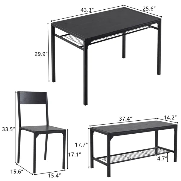 ALFRESCO Black 4-Piece Dining Table Set for 4 - Includes 2 Chairs, 1 Bench, Ideal for Small Spaces