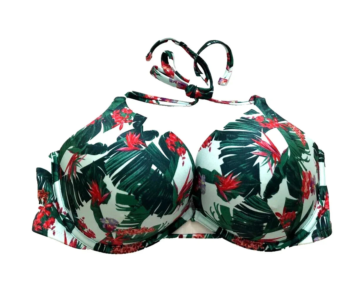 Victoria's Secret Swim Bombshell Push Up Bikini Top Blue Floral Palm Cup Size 32A NWT