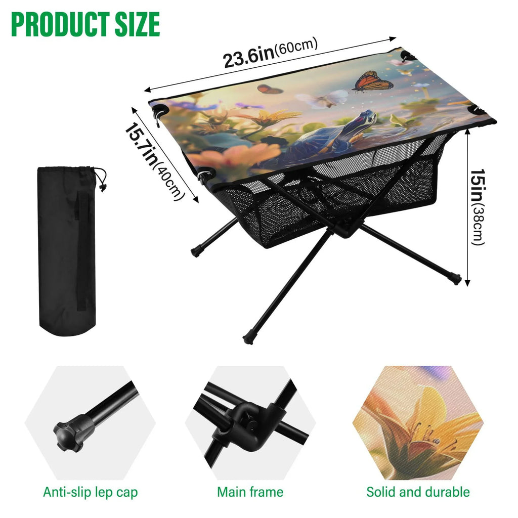 Funny Turtle and Butterfly Camping Folding Table Portable Beach Table with Storage Bag Compact Picnic Table for Outdoor Travel Fishing BBQ