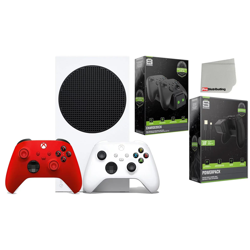 Microsoft Xbox Series S 512GB Digital Console with Extra Wireless Controller - Pulse Red - Surge CHARGEDOCK Dual Charge Base and Powerpack Battery/Charge Cable Bundle with Microfiber Cleaning Cloth