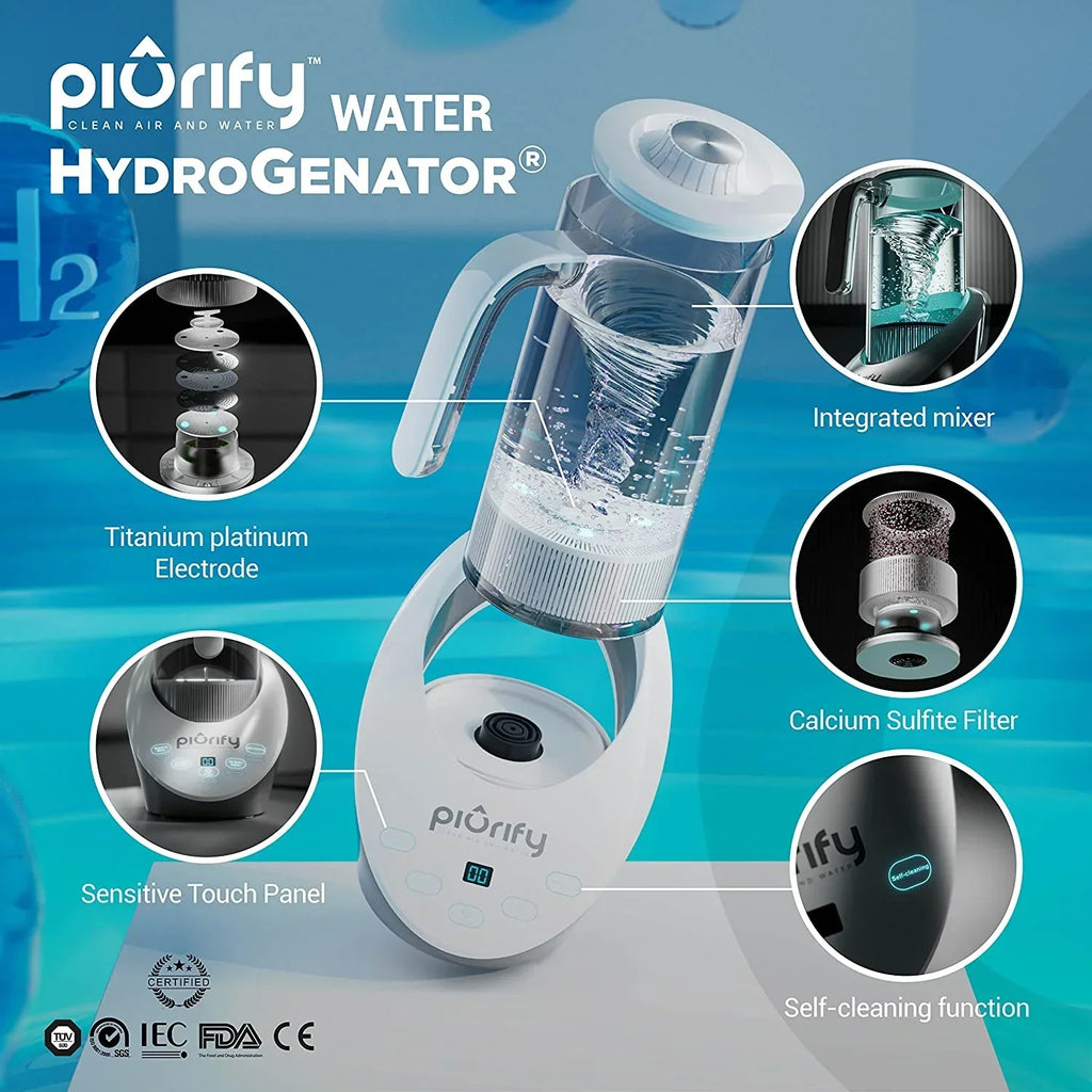 Hydrogen Alkaline Water Pitcher - Rich Hydrogen Water Generator Electrolysis Jug with SPE and PEM Concentrator Technology. Balanced Purified Water PH Levels and Filtered with Calcium Sulf