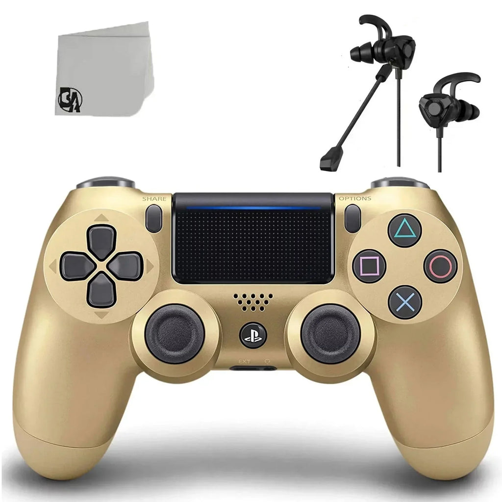 Gold DualShock PS4 Wireless Controller Bundle - Like New - With Earbuds BOLT AXTION Included