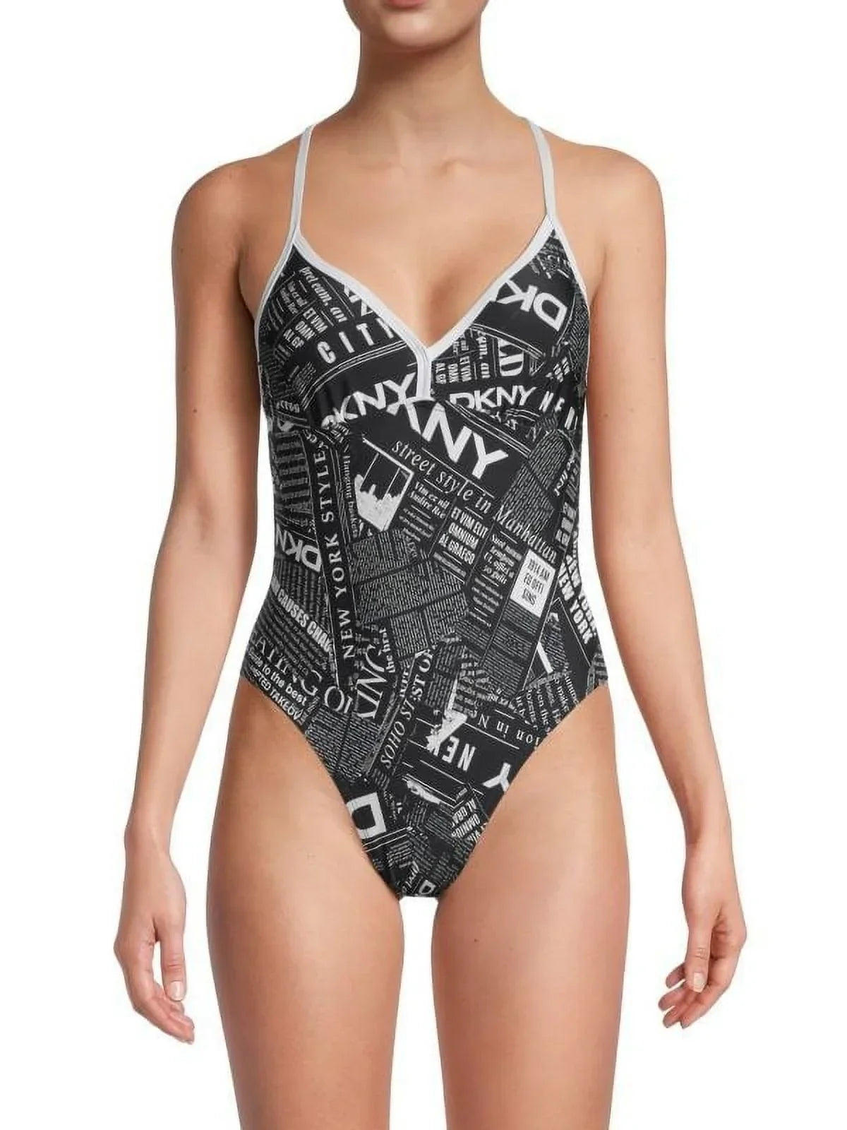 DKNY BLACK WHITE Graphic T-Back One-Piece Swimsuit, US Small