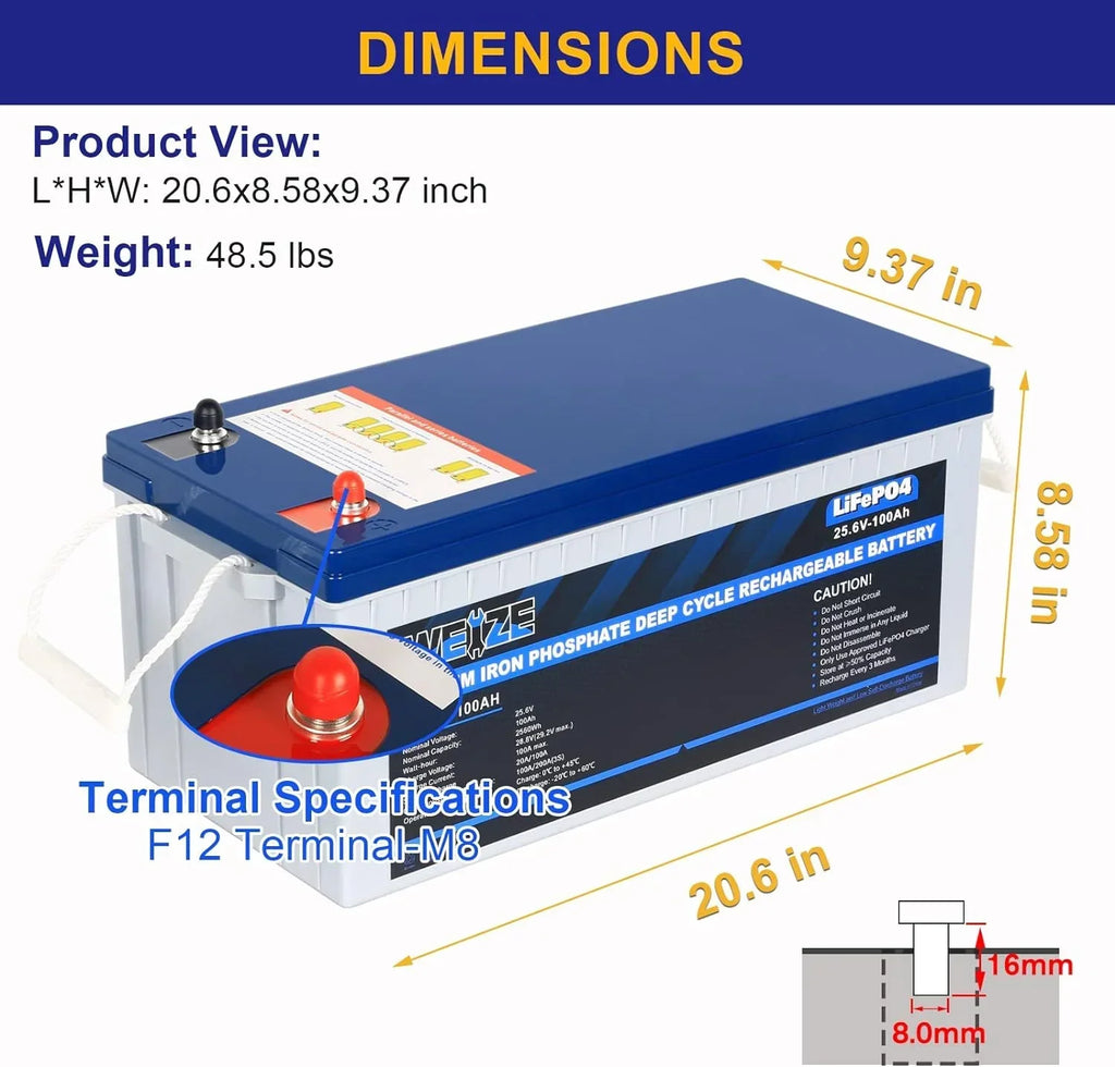 1Autodepot 24V 100AH LiFePO4 Lithium Battery, Built-in 100A Smart BMS, Up to 8000 Cycles, Perfect for Solar System, RV, Camping, Marine, Off Grid Applications