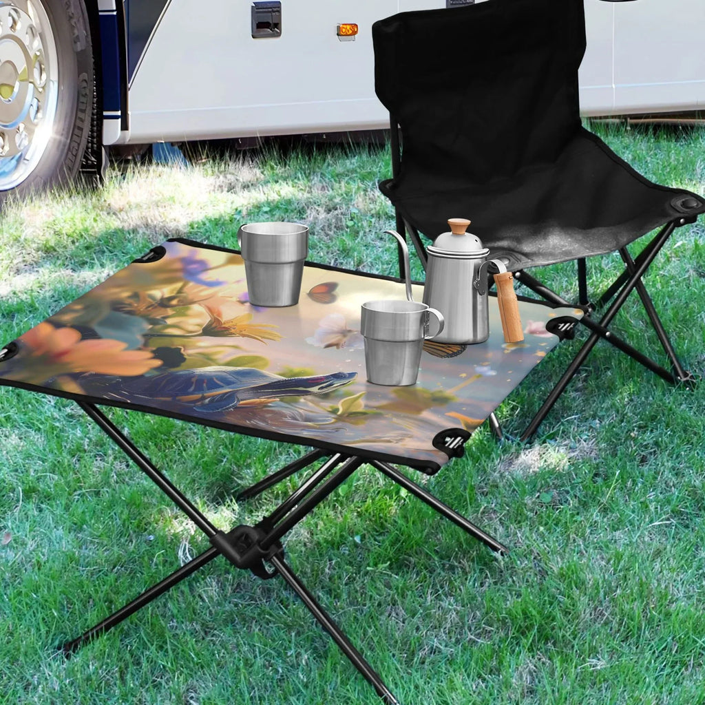 Funny Turtle and Butterfly Camping Folding Table Portable Beach Table with Storage Bag Compact Picnic Table for Outdoor Travel Fishing BBQ