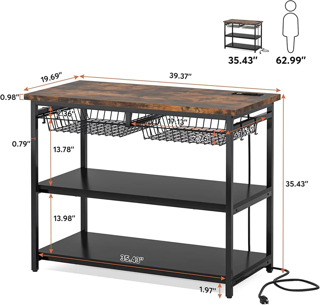 TJUNBOLIFE Kitchen Island with   Industrial Island Table with Power Outlets and Wire Baskets  3 Tier Microwave Oven Stand Butcher Block Island with Large Worktop  4 Hooks  Rustic Brown