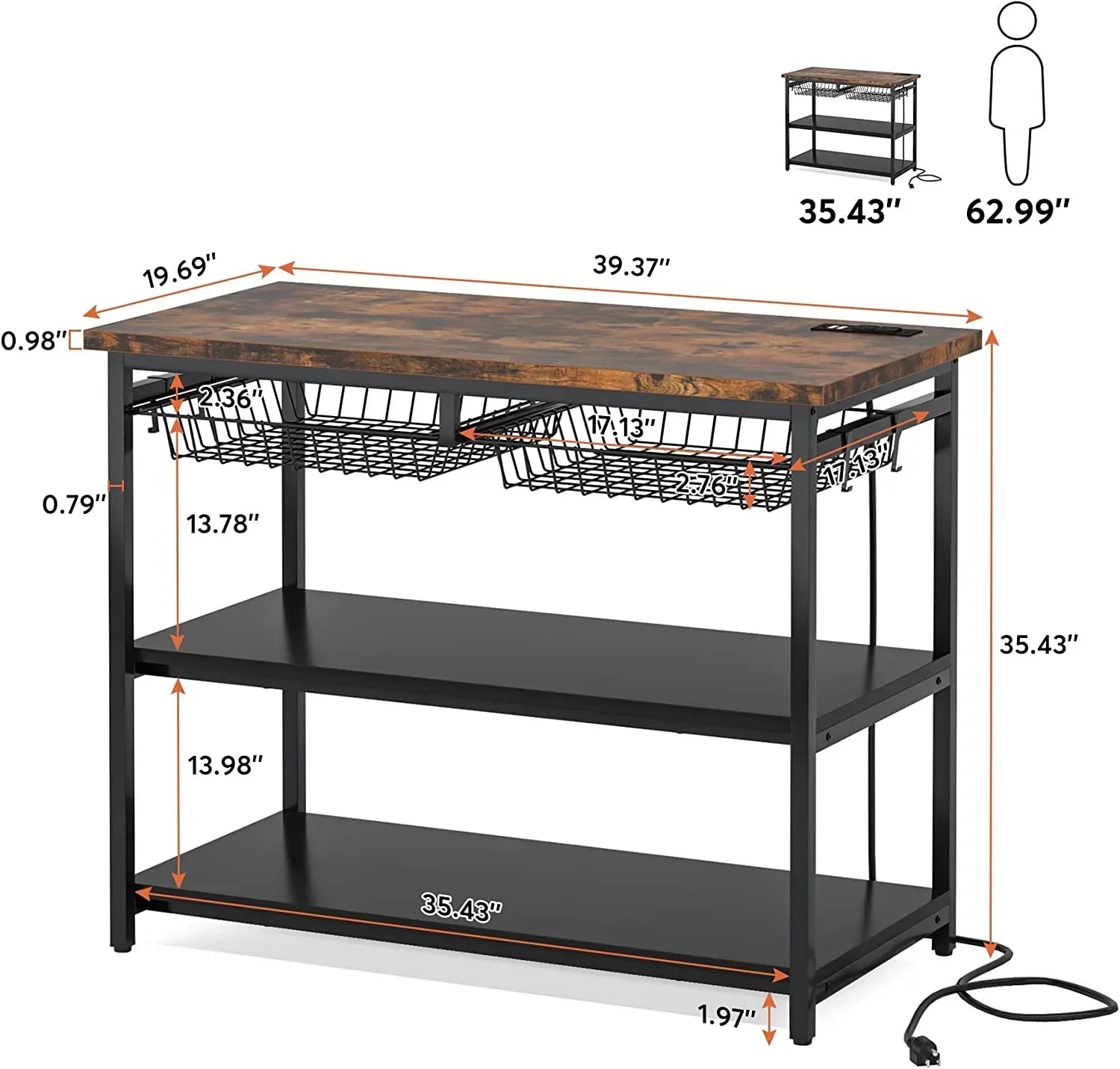 TJUNBOLIFE Kitchen Island with   Industrial Island Table with Power Outlets and Wire Baskets  3 Tier Microwave Oven Stand Butcher Block Island with Large Worktop  4 Hooks  Rustic Brown
