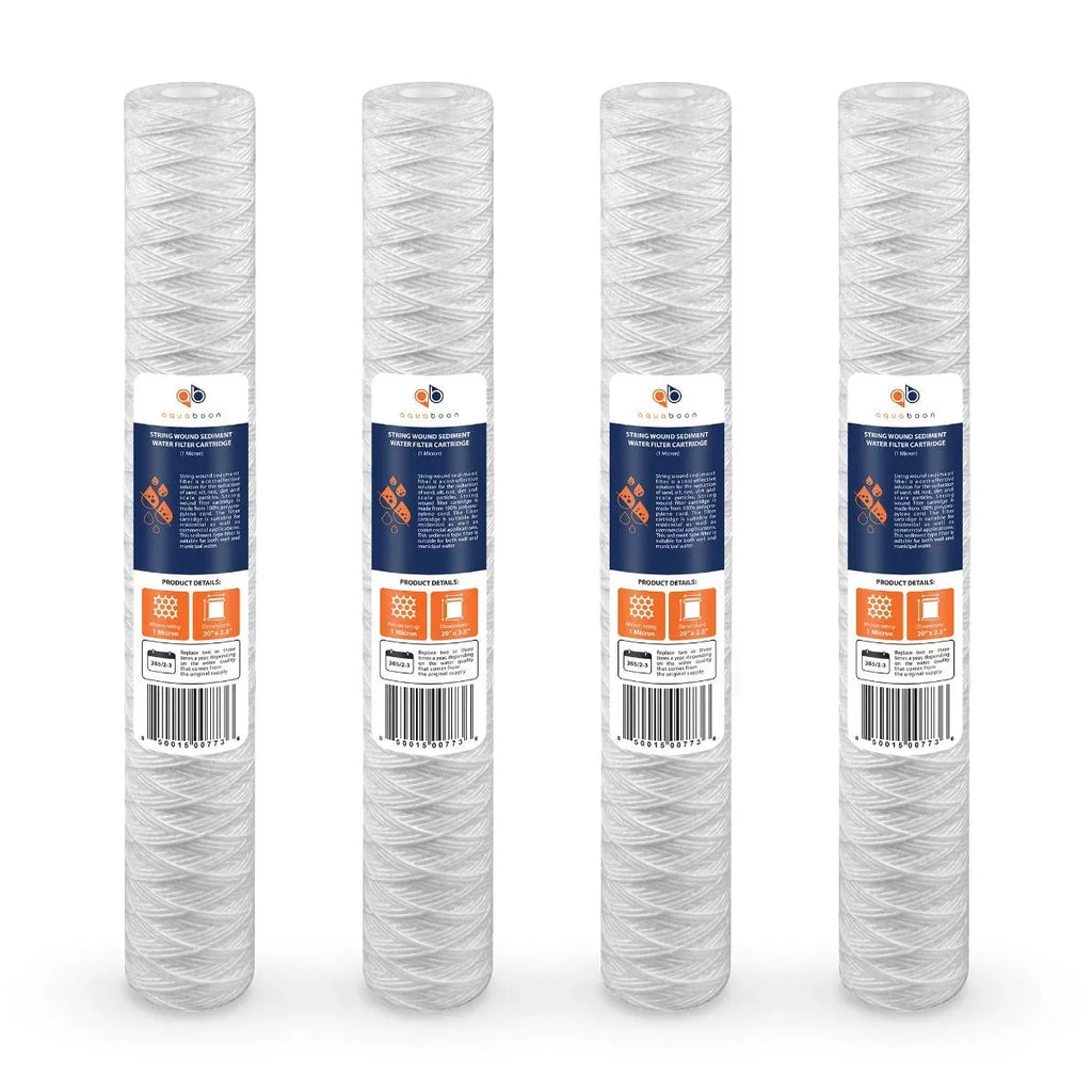 Aquaboon 1 Micron 20" x 2.5" String Wound Sediment Water Filter Cartridge | Universal Replacement for Any 20 inch RO Unit | Compatible with 101-230, PD-5-20, AP110-2C, P5-20, CFS124-C20, 4-Pack