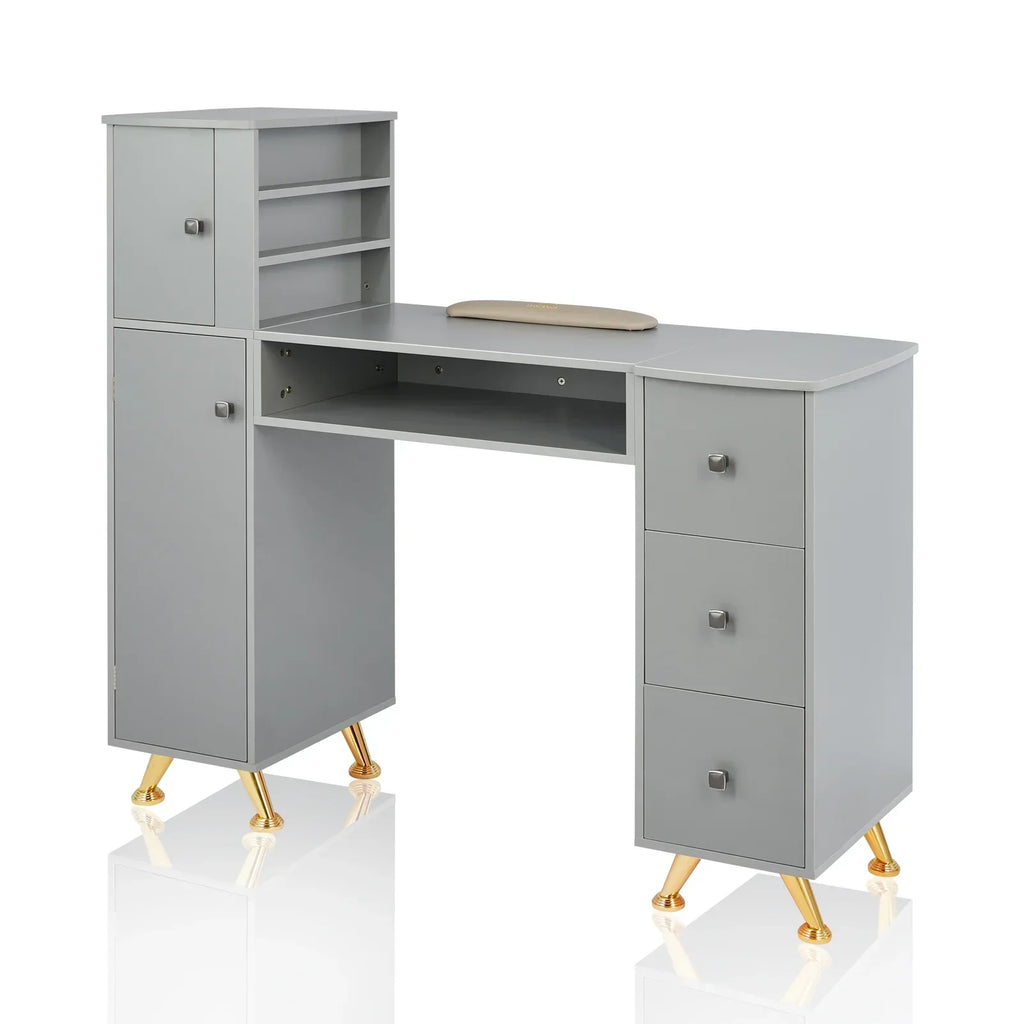 LUXMARS Manicure Table Nail Desk for Technician w/Wrist Rest & Plastic Table Mat, Acetone Resistant Nail Table Station w/Large Capacity Storage Space, for Home Spa Beauty Salon - Grey