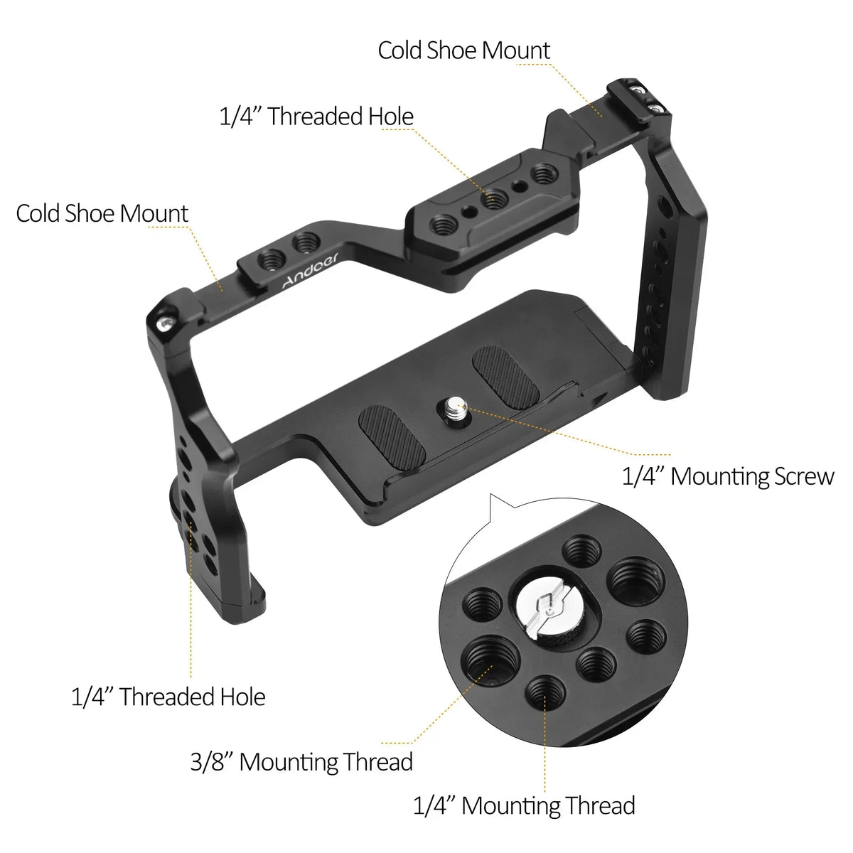 Camera Cage Aluminum Alloy Video Cage with Dual Cold Shoe Mounts Numerous 1/4 Inch Threads Replacement for Sony A7IV/ A7III/ A7II/ A7R III/ A7R II/ A7S II