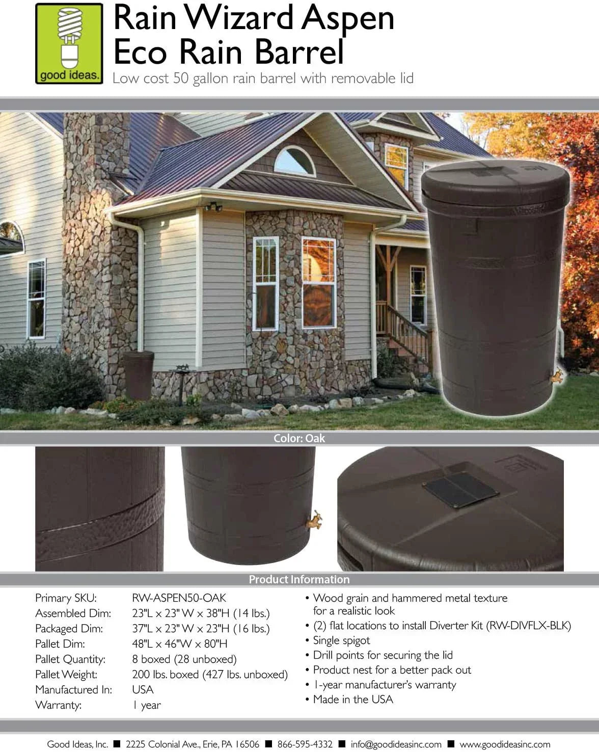 Good Ideas Aspen ECO 50 Gallon Outdoor Rain Barrel Water Storage Collector