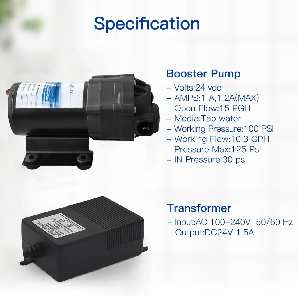 JIAH Reverse Osmosis Booster Pump Kit with Transformer + High and Low Pressure Switches + Fittings for 50-150 GPD RO System