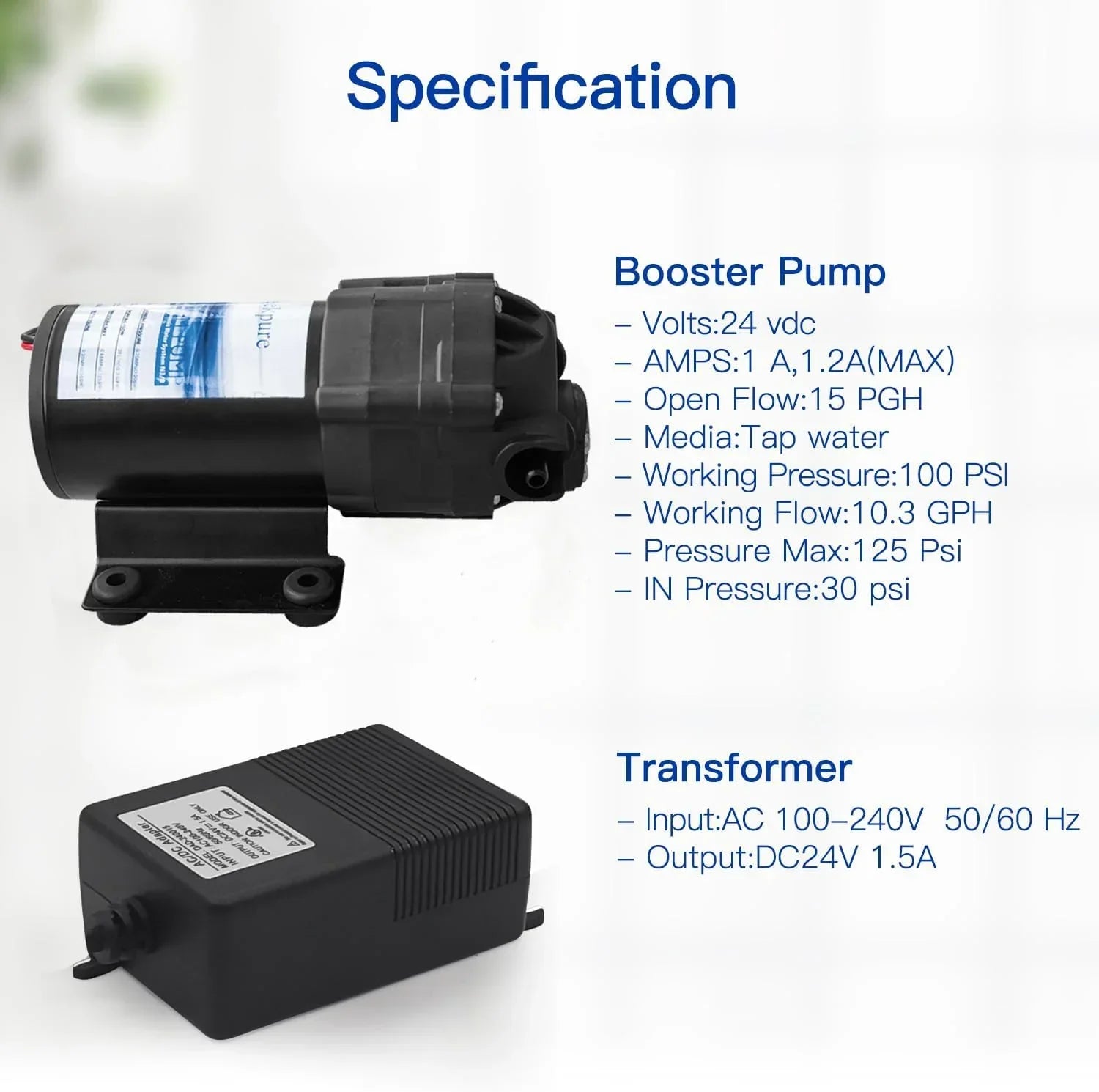 JIAH Reverse Osmosis Booster Pump Kit with Transformer + High and Low Pressure Switches + Fittings for 50-150 GPD RO System